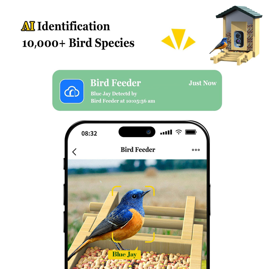 Factory direct sales bamboo and wood intelligent bird feeder AI recognition 5MP pixel camera feeder,   explosion