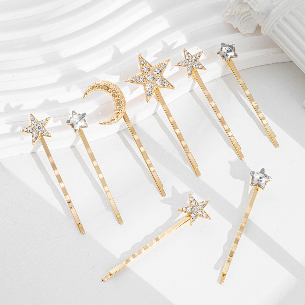 Wholesale rhinestone star hair clips - european & american style cross-border jewelry - versatile new year's bridesmaid moon bobby pin hair clip set for women