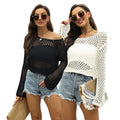 European and american cross-border women's clothing  summer knitted fashion sexy mesh hollow-out long sleeve beach sun protection cover-up top