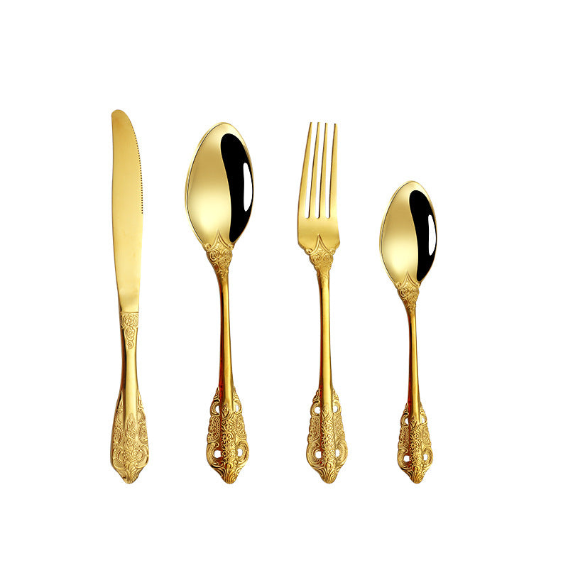 Island Qi stainless steel knife and fork spoon court retro relief steak knife and fork creative western tableware gift box four-piece set