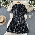 Vintage ink wash v-neck short sleeve a-line dress - women's summer korean style printed slimming design commute chic maxi dress