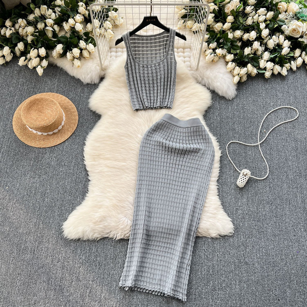 Hong kong style retro hot girl outfit - women's summer cropped tank top & high-waisted midi skirt knit two-piece set