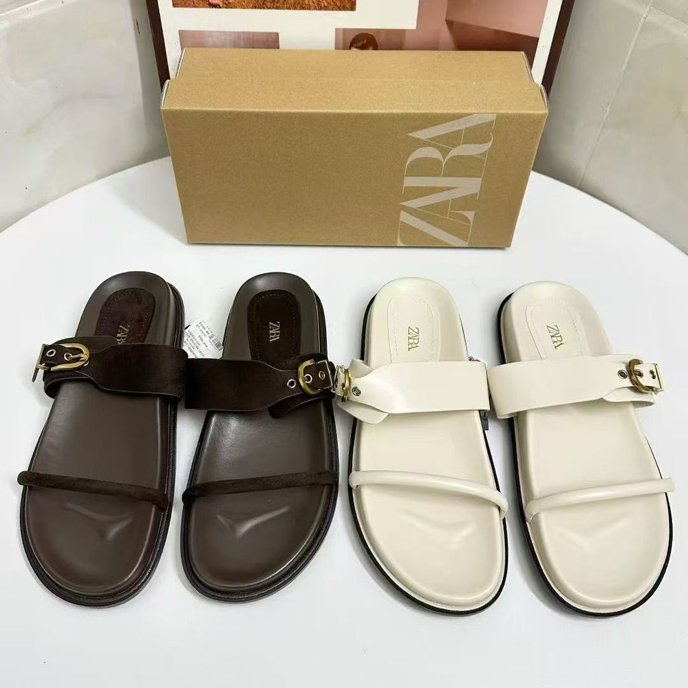 Za's 2025 new summer collection: flat metal fashion trendy single/double buckle strappy european & american style outdoor sandals for women