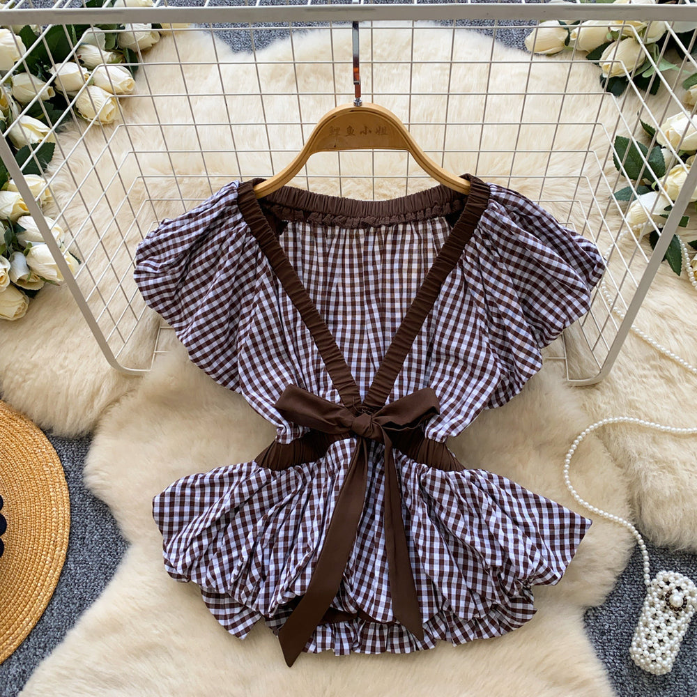Korean style retro plaid v-neck breathable & skin-friendly shirt - women's bow-tie waist, unique design top