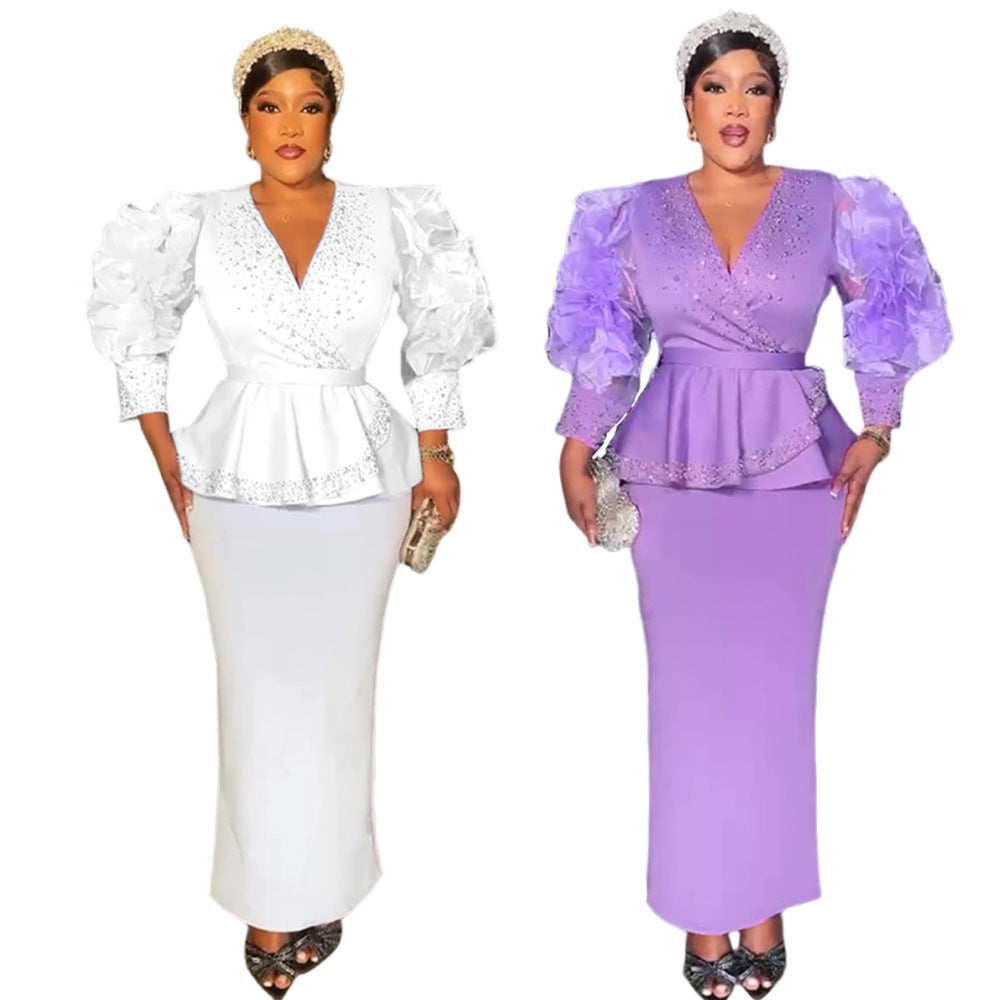 Fashion cross-border women's plus sizev neckdress african  fashion banquet dress high waist hip cover skirt