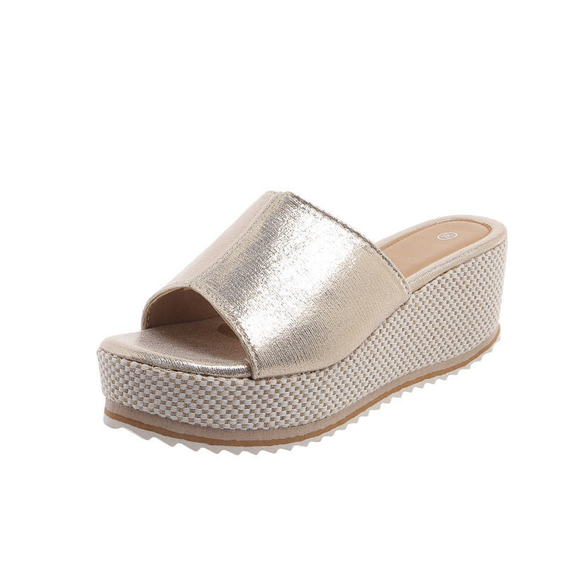 Thick sole high heel slippers for women  summer new arrivalfashion style one-shaped women's pure colorplus size wedge heel slippers