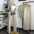 European and american cross-border women's fashion  autumn new arrival: casual turn-down collar loose-fit short sleeve shirt and tie-waist wide-leg pants set