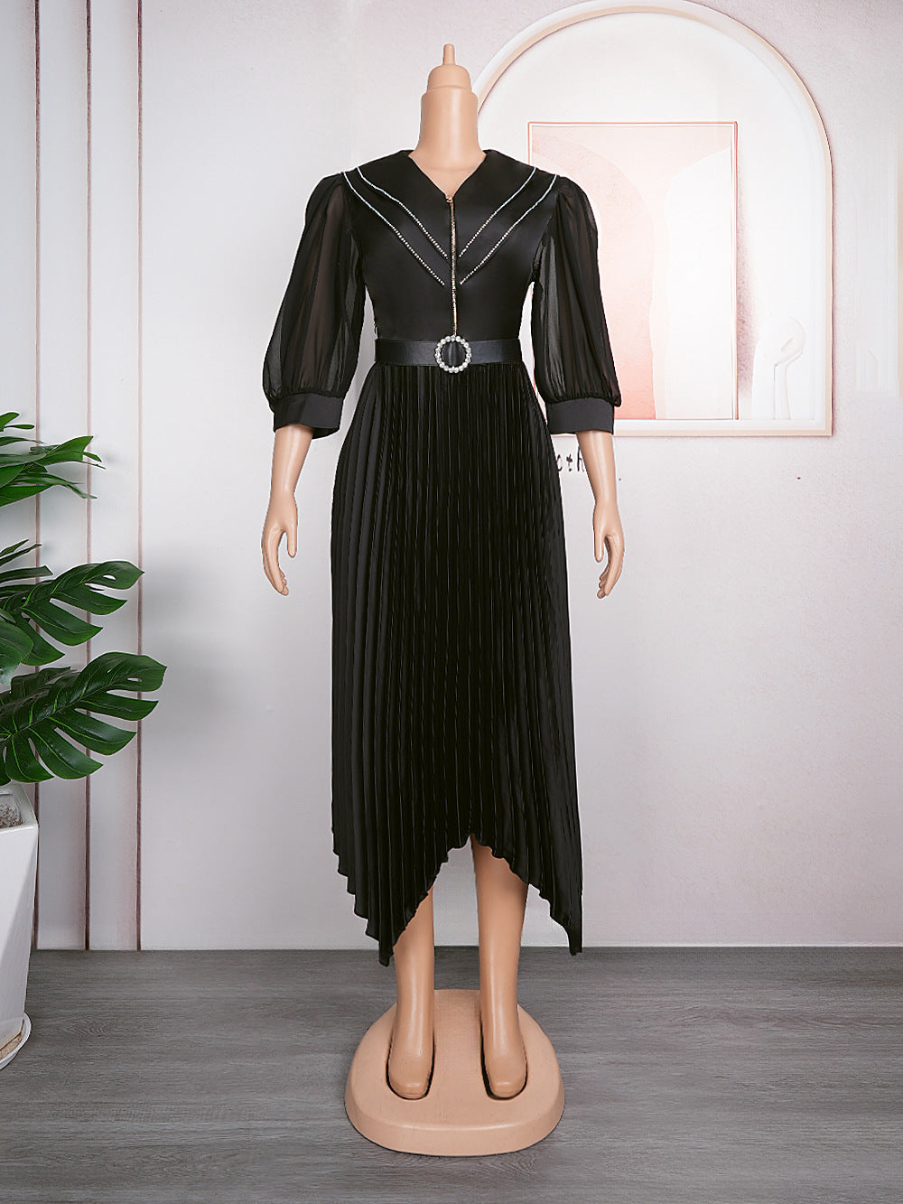export fashion pleated skirt elegant commute  african women's plus size curvy dress with belt