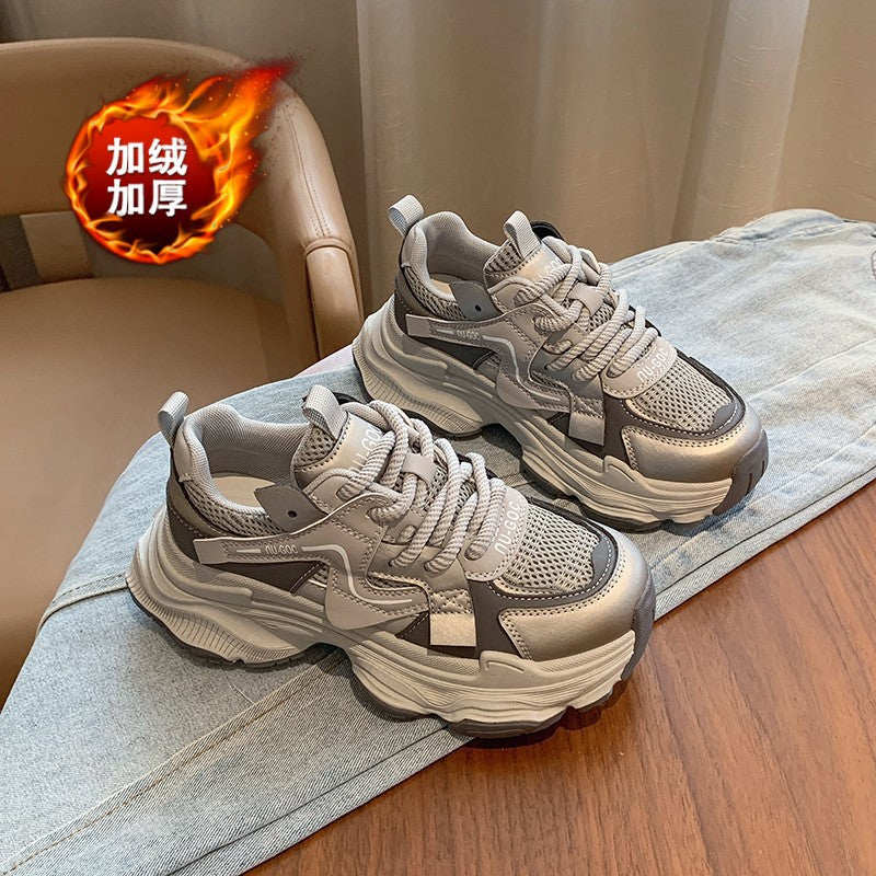 Dad shoes for women 2026fall and winternew arrivalfleece-linedthick soleheight-increasing sneakerseasiest for matchcasualwhite shoesheattech cotton shoes