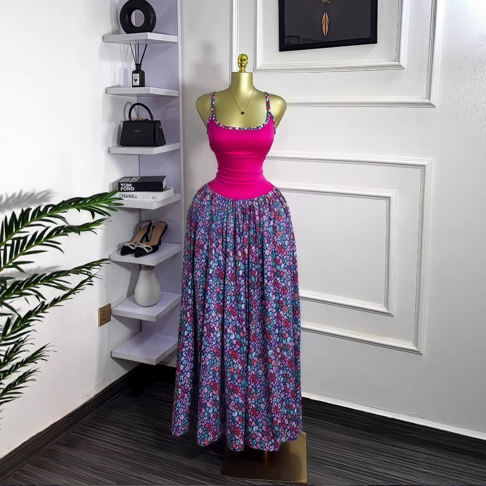 European and american cross-border women's fashion  summer new sleeveless printed sexy camisole bodycon ruched maxi dress