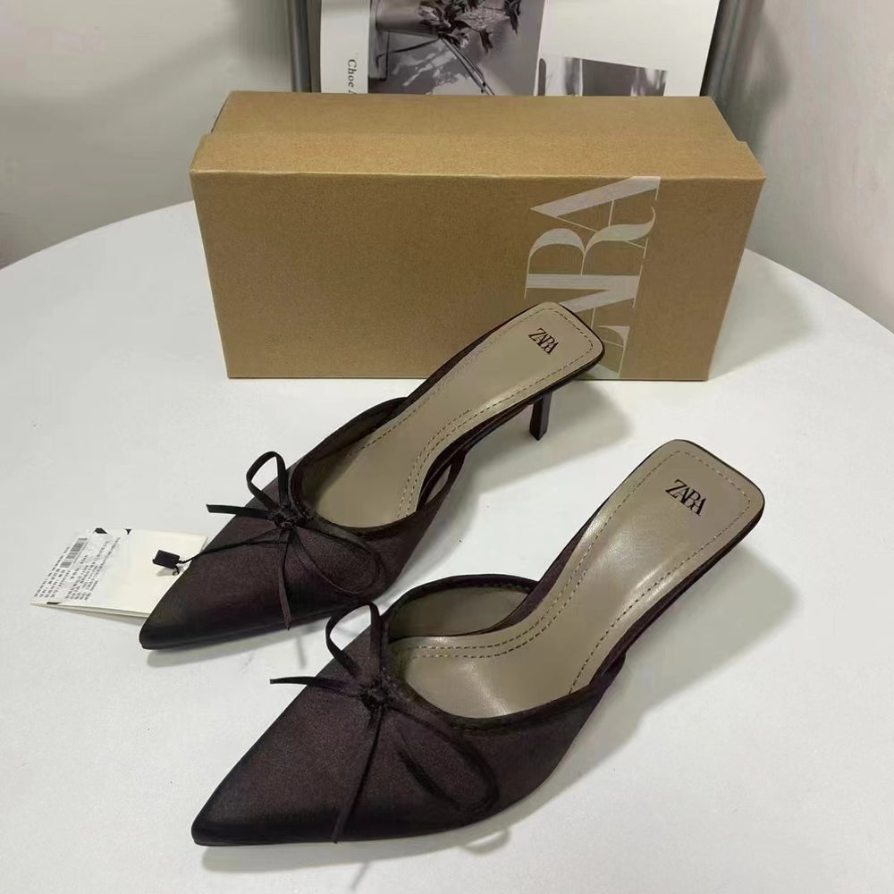 Za2024springnew arrivalbows high-heeled mules flats pointed toe toe slippers thin heel easiest for match half slippers
