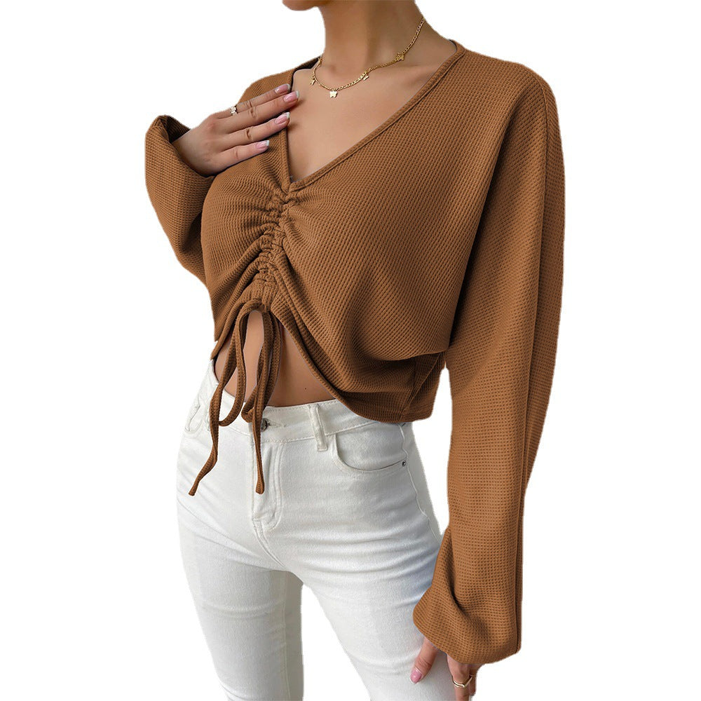 spring/summer new arrivals: european and american style loose fit casual v-neck drawstring waffle knit long sleeve cropped t-shirt - versatile top
