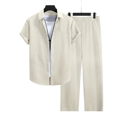 cross-border e-commerce summer men's suit: casual fashion jacquard short-sleeve shirt and pants set