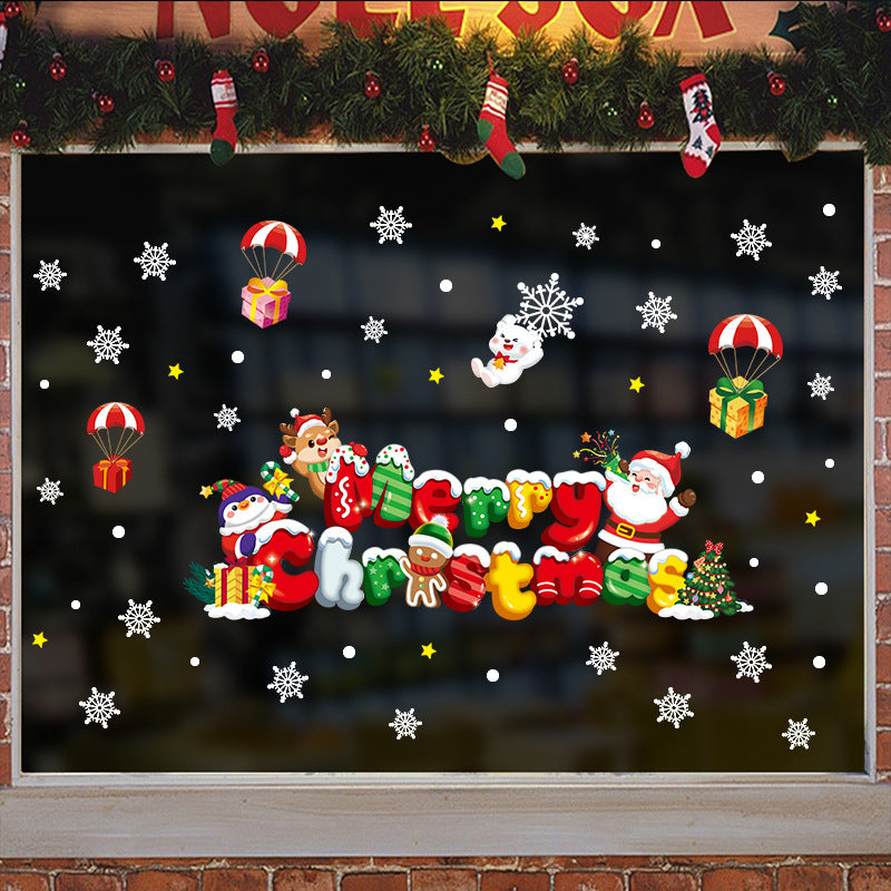 Christmas decoration glass door sticker shop window scene arrangement Santa Claus elk snowflake glue-free static sticker