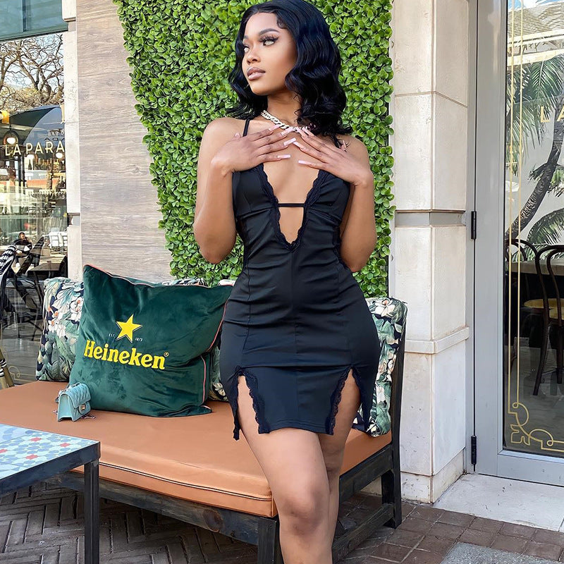 European and american women's clothing cross-border  new style: spaghetti strap, cutout, streetwear lace patchwork, slit, bodycon dress - trendy & sexy