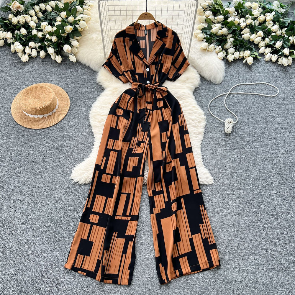 Summer outfit: women's vacation-ready fashion - collared short sleeve tie-waist casual printed wide-leg jumpsuit/pants