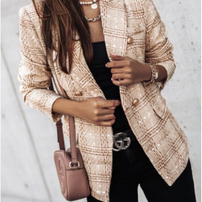 Independent station new arrival fall and winterlong sleeves double-breasted suit collar printing small outwear women's clothing