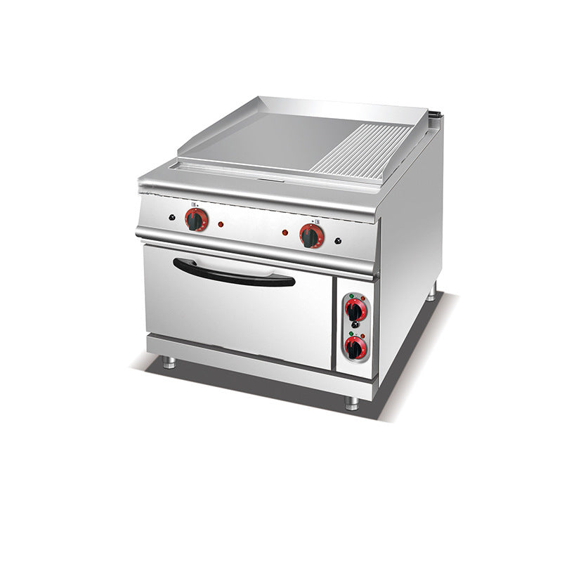 Vertical luxury half-pit electric griddle with cabinet base, commercial steak cabinet with oven, floor-standing combination stove