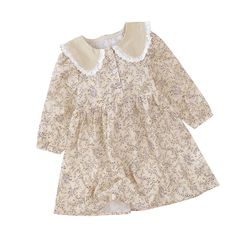 Kids' spring/autumn dress: new cross-border style for girls - chic lace collar, floral print, long sleeve dress, korean style skirt