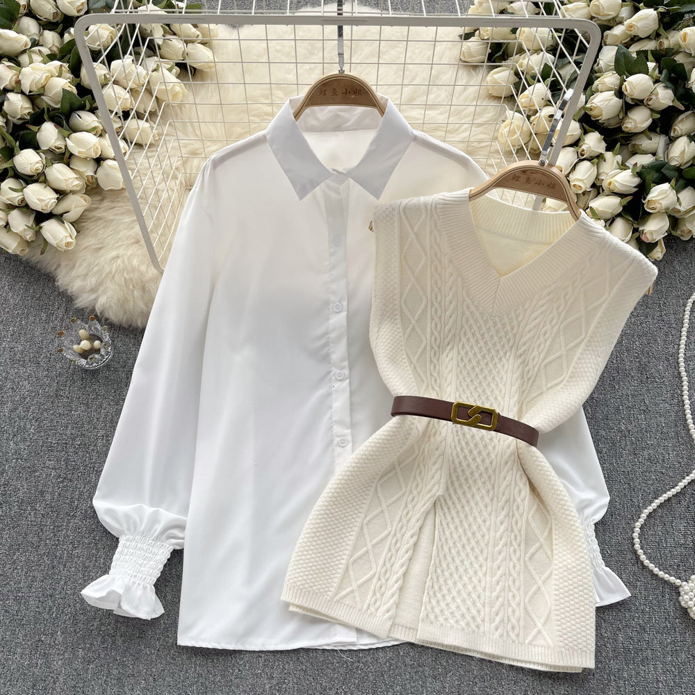 Korean style chic fashion set: women's casual loose long-sleeve shirt + cinched waist v-neck sleeveless knit vest two-piece outfit
