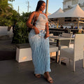 European and american cross-border women's fashion  summer new sexy blue halter top and tie-waist midi skirt set