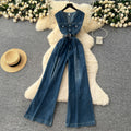 Sophisticated retro chic v-neck sleeveless jumpsuit for women -  summer collection: high-end, tie-waist denim wide-leg pants