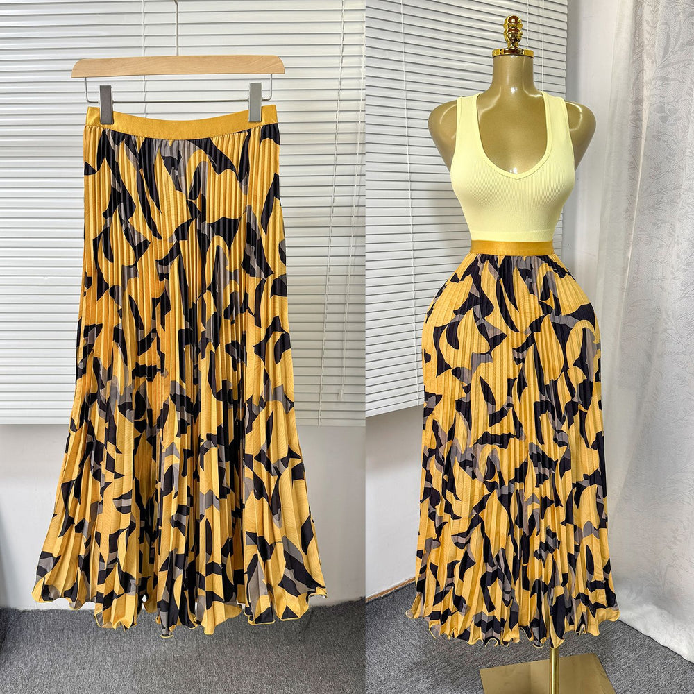Exportsweeteasiest for matchpleated skirt large swing printing skirt women's frenchhigh waista-line medium long pleated skirt