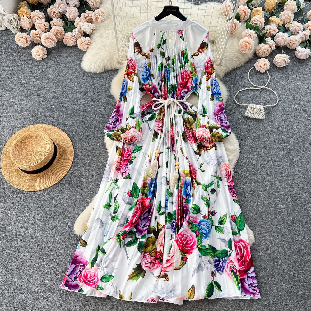 European and american retro court style design printed long dress with heavy pleating, puff sleeves, and pleated skirt - spring collection for women