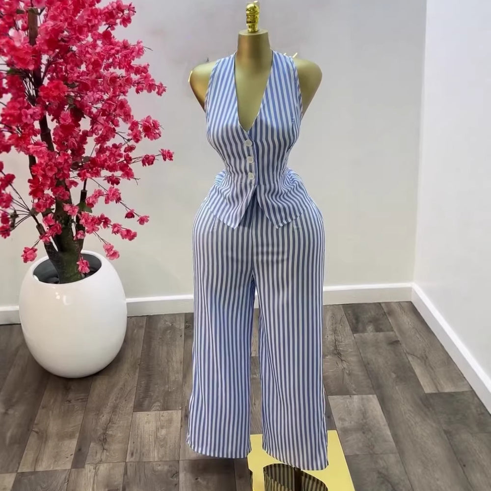 European and american cross-border women's clothing  summer new arrival: elegant v-neck blue and white striped vest top and high-waisted pants set