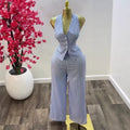 European and american cross-border women's clothing  summer new arrival: elegant v-neck blue and white striped vest top and high-waisted pants set