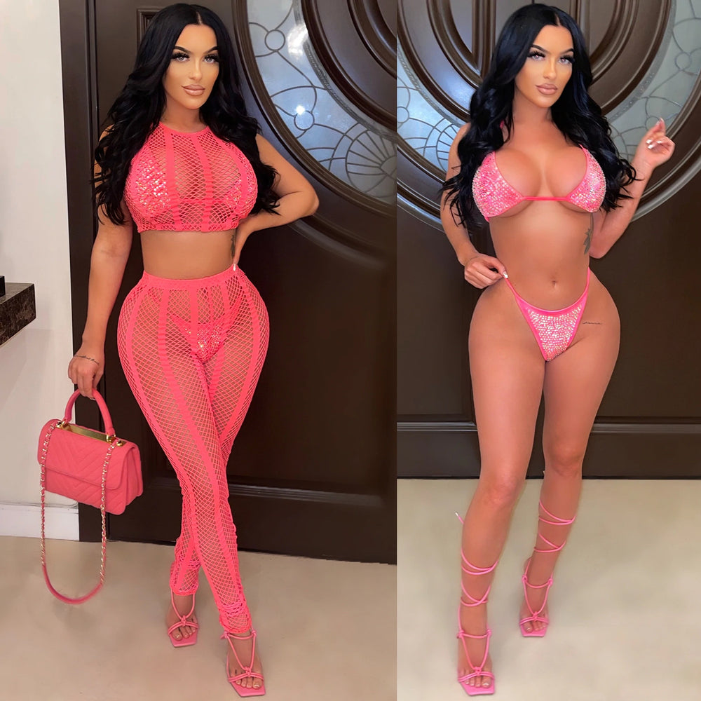 X5716   hot diamond mesh see-through round neck sleeveless chest wrap pants intimates four-piece set