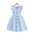 Summer girls' flutter sleeve pinstripe dress - blue & white single-breasted button-down french style a-line sundress