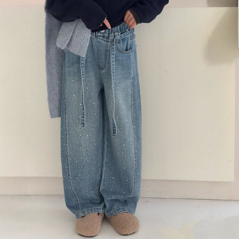 Girls' rhinestone embellished denim pants - spring  new collection - kids' wide-leg cropped jeans - sparkly pants for girls (big kids) - spring apparel