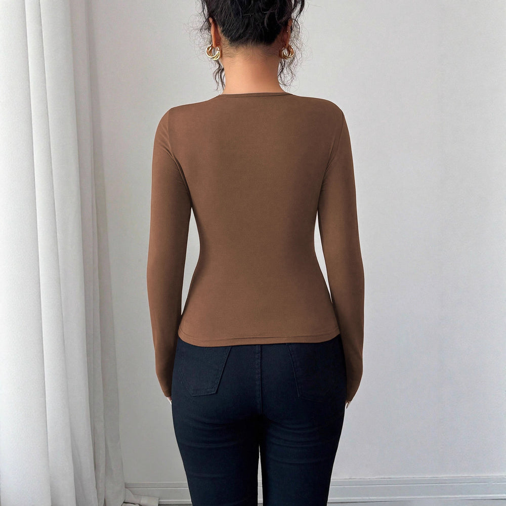 Amazon fashionexport women's pure colorsense of designcut outlong sleeves right shoulder t-shirt silmeleganttops