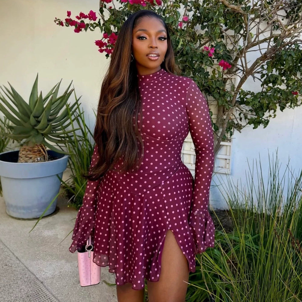 European and american cross-border women's fashion:  summer new collection - sweet polka dot round neck slim-fit slit irregular mini dress