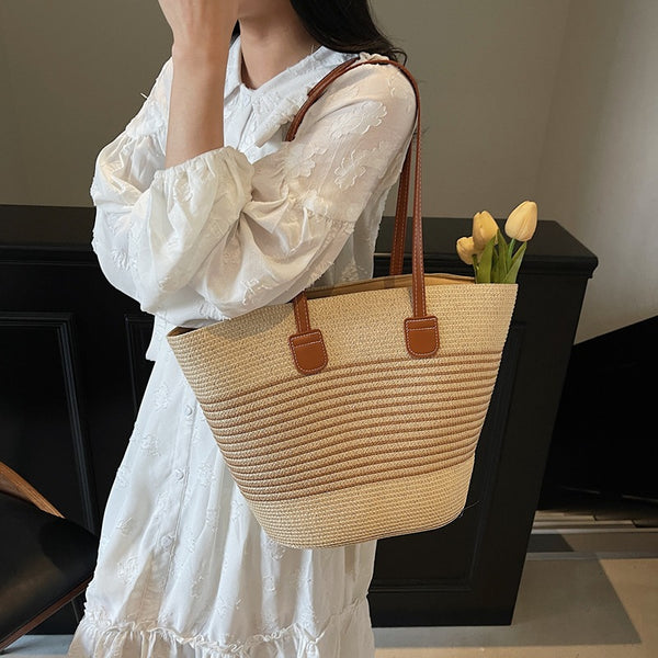 Trend popular shoulder underarm straw bag women's large capacity casual woven tote bag seaside vacation beach bag