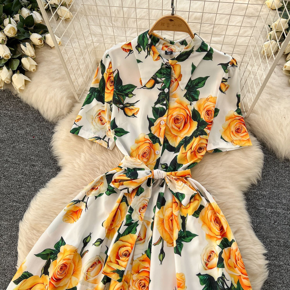 French chic elegant printed dress - women's summer  tie-waist slimming collared short sleeve shirt dress