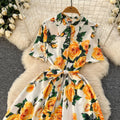 French chic elegant printed dress - women's summer  tie-waist slimming collared short sleeve shirt dress