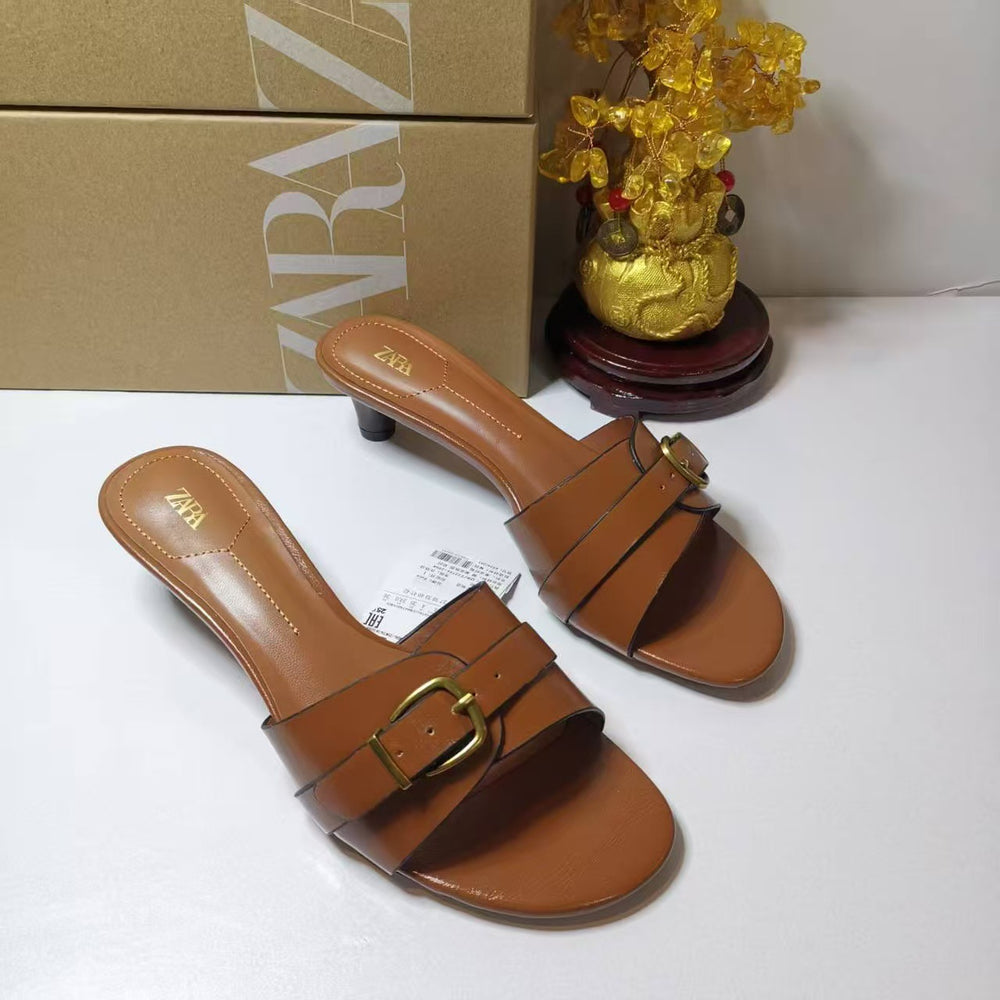 Za one-line casual flat sandals & slippers for women, 2024 summer new korean style fashionable outdoor wear leather buckle beach slides