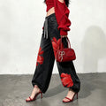 Fashionjeans women's drawstring waist red flower printing distressed gray black wide leg jogger pants cross-border casual women's clothing new arrival