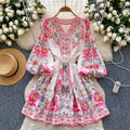 European fashion printed dress - women's court style, slimming a-line mini dress with v-neck, lantern sleeves, and pleated detailing