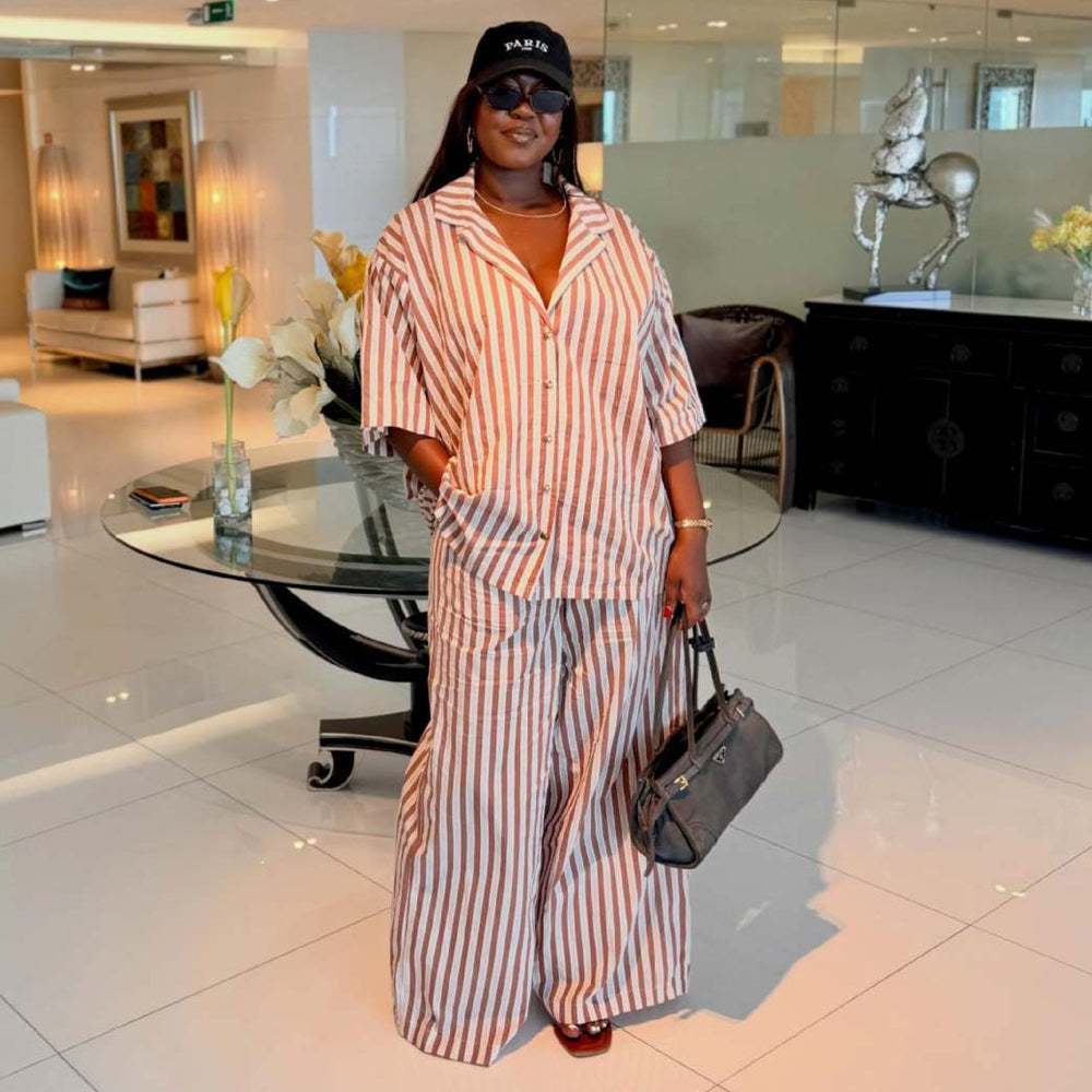african women's clothing  summer new fashion loose striped short-sleeve shirt wide-leg pants casual set