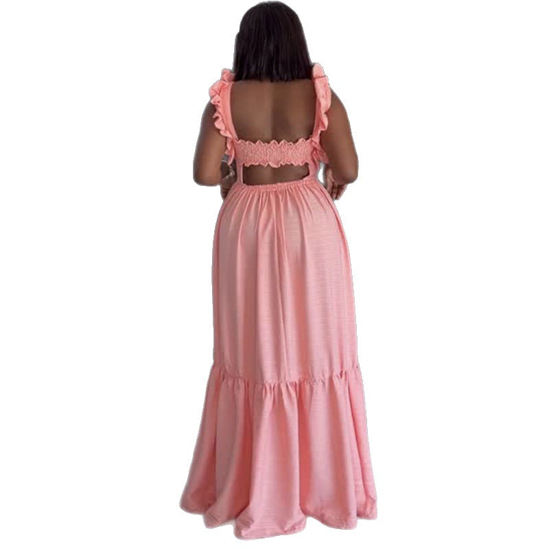 European and american cross-border women's fashion:  spring new arrival - elegant sweet square neck ruffle backless high-waisted maxi dress