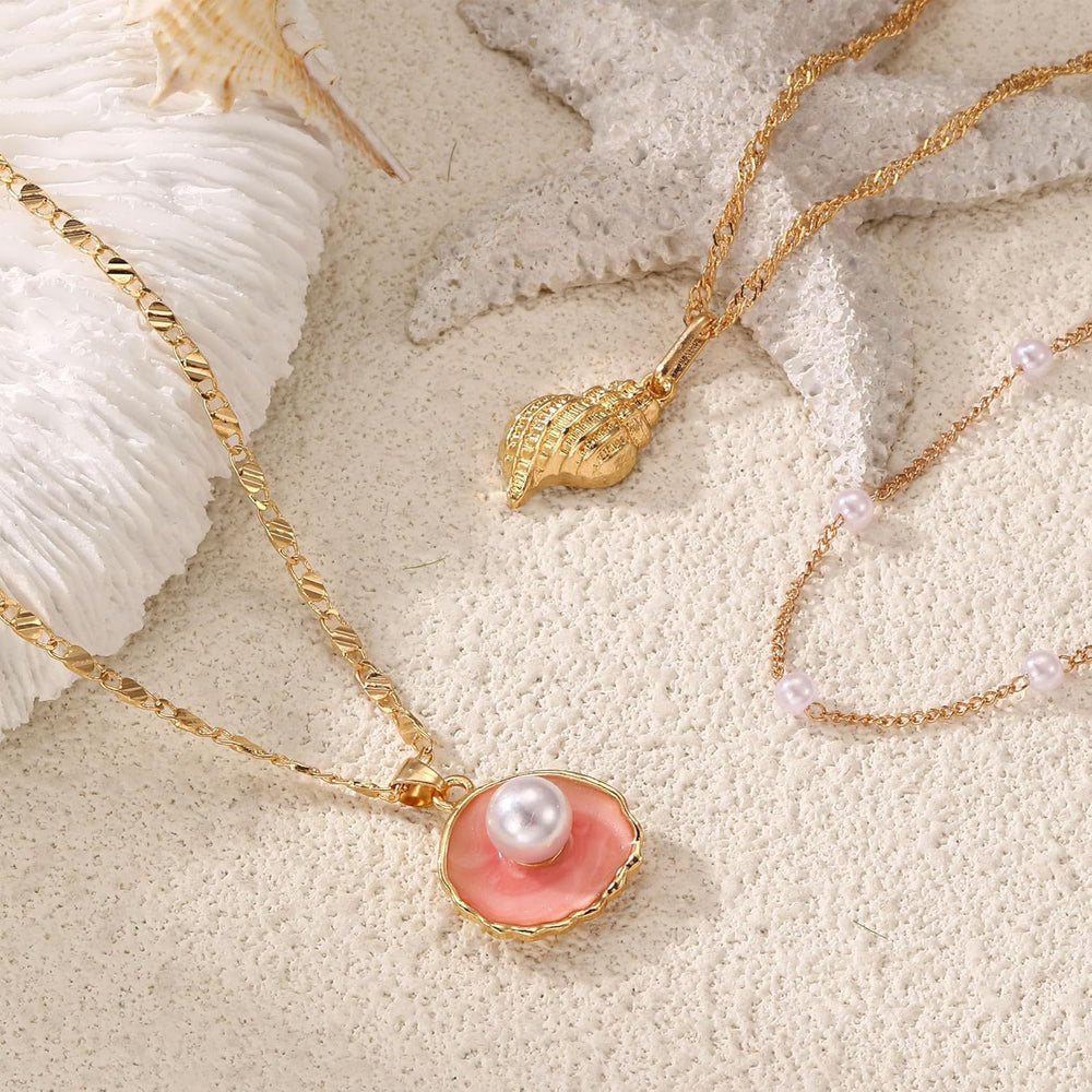 European and american titanium steel small flower ocean style shell starfish pearl necklace furnace vacuum electroplating 18k gold color retention