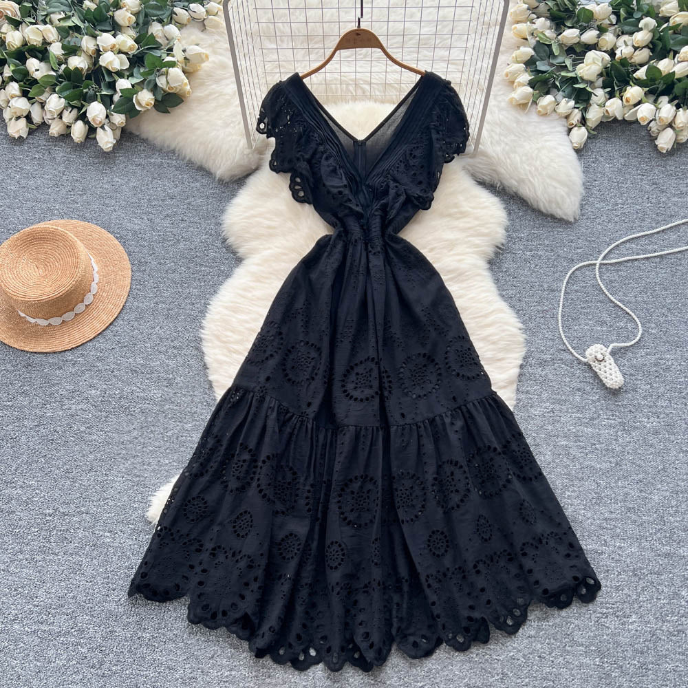 Vintage court style flutter sleeve dress - women's summer hollow-out crochet, high-end design, elegant socialite, light luxury maxi dress
