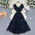 Vintage court style flutter sleeve dress - women's summer hollow-out crochet, high-end design, elegant socialite, light luxury maxi dress