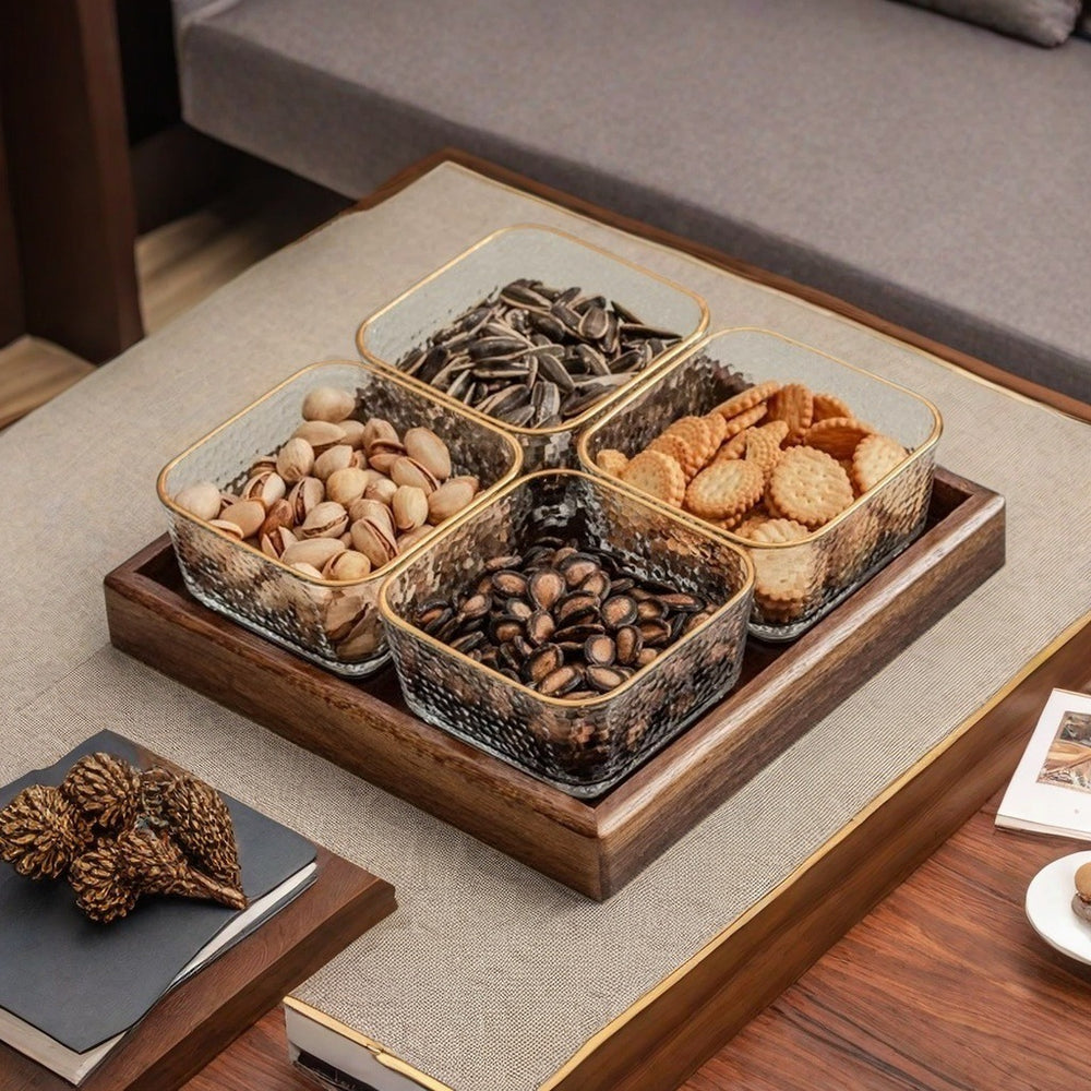 Walnut glass fruit plate living room for home high-end light luxury grid dried fruit plate new chinoiserie snack tea fruit plate