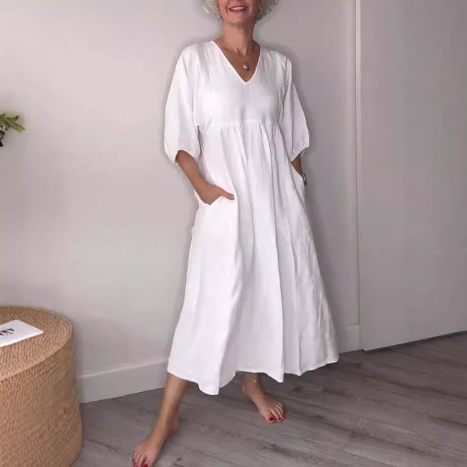 Amazon independent station fashion cross-border autum women's cotton and linen deep v neck pleated pure colorcasualflap pocket pantsdress