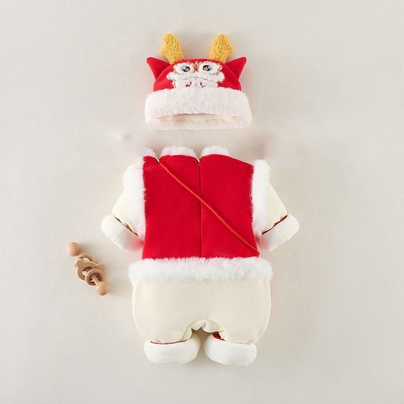 Newborn infant baby boy/girl new year's outfit - red embroidered winter romper for chinese new year - festive & thickened