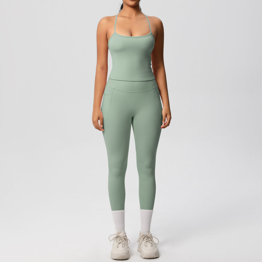 New arrivalpure color sling beautiful back yoga clothes hip pocket tights sports suit cloud-like quick-drying fitness clothes for women